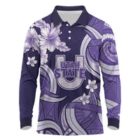 Utah State Polynesian Heritage Long Sleeve Polo Shirt Floral Tribal Pattern Tropical Flowers