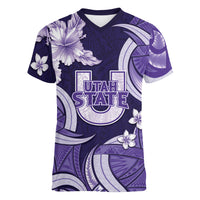 Utah State Polynesian Heritage Women V-Neck T-Shirt Floral Tribal Pattern Tropical Flowers