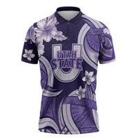 Utah State Polynesian Heritage Zipper Polo Shirt Floral Tribal Pattern Tropical Flowers
