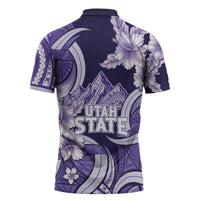 Utah State Polynesian Heritage Zipper Polo Shirt Floral Tribal Pattern Tropical Flowers
