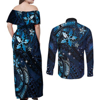 Hawaii Makahiki Season Couples Matching Off Shoulder Maxi Dress and Long Sleeve Button Shirt Floral Tribal Tattoo Blue Galaxy
