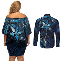 Hawaii Makahiki Season Couples Matching Off Shoulder Short Dress and Long Sleeve Button Shirt Floral Tribal Tattoo Blue Galaxy
