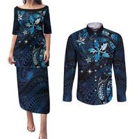 Hawaii Makahiki Season Couples Matching Puletasi and Long Sleeve Button Shirt Floral Tribal Tattoo Blue Galaxy
