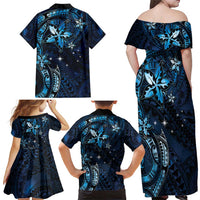 Hawaii Makahiki Season Family Matching Off Shoulder Maxi Dress and Hawaiian Shirt Floral Tribal Tattoo Blue Galaxy