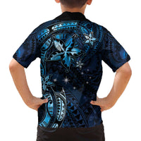 Hawaii Makahiki Season Family Matching Puletasi and Hawaiian Shirt Floral Tribal Tattoo Blue Galaxy