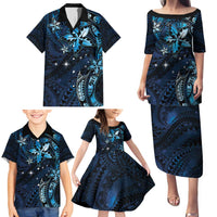 Hawaii Makahiki Season Family Matching Puletasi and Hawaiian Shirt Floral Tribal Tattoo Blue Galaxy