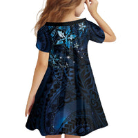 Hawaii Makahiki Season Family Matching Short Sleeve Bodycon Dress and Hawaiian Shirt Floral Tribal Tattoo Blue Galaxy LT05 - Polynesian Pride