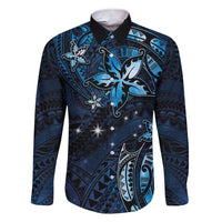 Hawaii Makahiki Season Family Matching Short Sleeve Bodycon Dress and Hawaiian Shirt Floral Tribal Tattoo Blue Galaxy LT05 Dad's Shirt - Long Sleeve Blue - Polynesian Pride