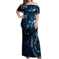 Hawaii Makahiki Season Off Shoulder Maxi Dress Floral Tribal Tattoo Blue Galaxy