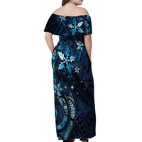 Hawaii Makahiki Season Off Shoulder Maxi Dress Floral Tribal Tattoo Blue Galaxy