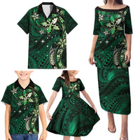 Hawaii Makahiki Season Family Matching Puletasi and Hawaiian Shirt Floral Tribal Tattoo Green Galaxy