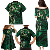 Hawaii Makahiki Season Family Matching Puletasi and Hawaiian Shirt Floral Tribal Tattoo Green Galaxy