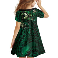 Hawaii Makahiki Season Family Matching Short Sleeve Bodycon Dress and Hawaiian Shirt Floral Tribal Tattoo Green Galaxy LT05 - Polynesian Pride