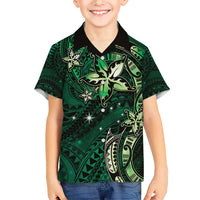 Hawaii Makahiki Season Family Matching Short Sleeve Bodycon Dress and Hawaiian Shirt Floral Tribal Tattoo Green Galaxy LT05 Son's Shirt Green - Polynesian Pride