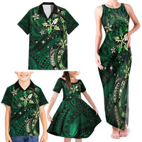 Hawaii Makahiki Season Family Matching Tank Maxi Dress and Hawaiian Shirt Floral Tribal Tattoo Green Galaxy