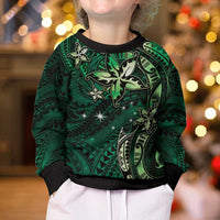 Hawaii Makahiki Season Kid Ugly Christmas Sweater Floral Tribal Tattoo Green Galaxy