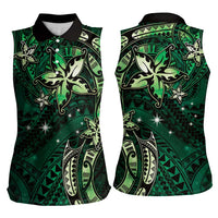 Hawaii Makahiki Season Women Sleeveless Polo Shirt Floral Tribal Tattoo Green Galaxy