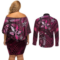 Hawaii Makahiki Season Couples Matching Off Shoulder Short Dress and Long Sleeve Button Shirt Floral Tribal Tattoo Pink Galaxy