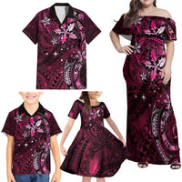 Hawaii Makahiki Season Family Matching Off Shoulder Maxi Dress and Hawaiian Shirt Floral Tribal Tattoo Pink Galaxy