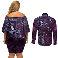Hawaii Makahiki Season Couples Matching Off Shoulder Short Dress and Long Sleeve Button Shirt Floral Tribal Tattoo Purple Galaxy