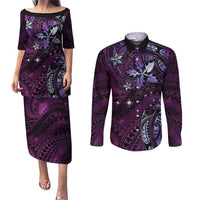 Hawaii Makahiki Season Couples Matching Puletasi and Long Sleeve Button Shirt Floral Tribal Tattoo Purple Galaxy