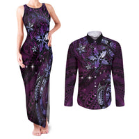 Hawaii Makahiki Season Couples Matching Tank Maxi Dress and Long Sleeve Button Shirt Floral Tribal Tattoo Purple Galaxy