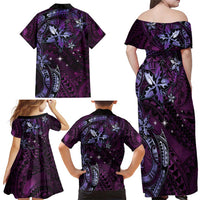 Hawaii Makahiki Season Family Matching Off Shoulder Maxi Dress and Hawaiian Shirt Floral Tribal Tattoo Purple Galaxy