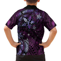 Hawaii Makahiki Season Family Matching Short Sleeve Bodycon Dress and Hawaiian Shirt Floral Tribal Tattoo Purple Galaxy LT05 - Polynesian Pride
