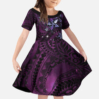 Hawaii Makahiki Season Family Matching Short Sleeve Bodycon Dress and Hawaiian Shirt Floral Tribal Tattoo Purple Galaxy LT05 Daughter's Dress Purple - Polynesian Pride