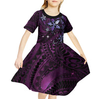 Hawaii Makahiki Season Kid Short Sleeve Dress Floral Tribal Tattoo Purple Galaxy