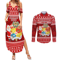 Personalized Tonga Christmas Couples Matching Summer Maxi Dress and Long Sleeve Button Shirts Kilisimasi Fiefia Santas Coat Of Arms LT05 Red - Polynesian Pride