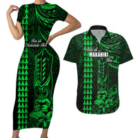 Personalized Hawaii Hauoli Makahiki Hou Couples Matching Short Sleeve Bodycon Dress and Hawaiian Shirt Lono Hawaiian God Kakau Polynesian Tribal Green LT05 Green - Polynesian Pride