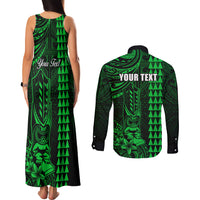 Personalized Hawaii Hauoli Makahiki Hou Couples Matching Tank Maxi Dress and Long Sleeve Button Shirts Lono Hawaiian God Kakau Polynesian Tribal Green LT05 - Polynesian Pride