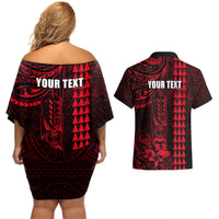 Personalized Hawaii Hauoli Makahiki Hou Couples Matching Off Shoulder Short Dress and Hawaiian Shirt Lono Hawaiian God Kakau Polynesian Tribal Red LT05 - Polynesian Pride