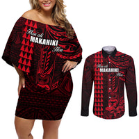 Personalized Hawaii Hauoli Makahiki Hou Couples Matching Off Shoulder Short Dress and Long Sleeve Button Shirts Lono Hawaiian God Kakau Polynesian Tribal Red LT05 Red - Polynesian Pride