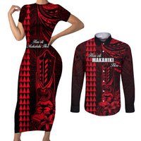 Personalized Hawaii Hauoli Makahiki Hou Couples Matching Short Sleeve Bodycon Dress and Long Sleeve Button Shirts Lono Hawaiian God Kakau Polynesian Tribal Red LT05 Red - Polynesian Pride
