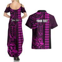 Personalized Hawaii Hauoli Makahiki Hou Couples Matching Summer Maxi Dress and Hawaiian Shirt Lono Hawaiian God Kakau Polynesian Tribal Pink LT05 - Polynesian Pride