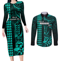 Personalized Hawaii Hauoli Makahiki Hou Couples Matching Long Sleeve Bodycon Dress and Long Sleeve Button Shirts Lono Hawaiian God Kakau Polynesian Tribal Turquoise LT05 Turquoise - Polynesian Pride