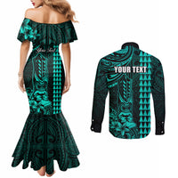 Personalized Hawaii Hauoli Makahiki Hou Couples Matching Mermaid Dress and Long Sleeve Button Shirts Lono Hawaiian God Kakau Polynesian Tribal Turquoise LT05 - Polynesian Pride