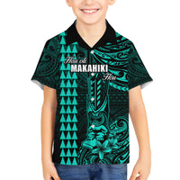 Personalized Hawaii Hauoli Makahiki Hou Family Matching Long Sleeve Bodycon Dress and Hawaiian Shirt Lono Hawaiian God Kakau Polynesian Tribal Turquoise LT05 Son's Shirt Turquoise - Polynesian Pride