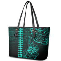 Hawaii Hauoli Makahiki Hou Leather Tote Bag Lono Hawaiian God Kakau Polynesian Tribal Turquoise LT05 - Polynesian Pride