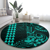 Hawaii Hauoli Makahiki Hou Round Carpet Lono Hawaiian God Kakau Polynesian Tribal Turquoise LT05 - Polynesian Pride