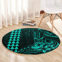 Hawaii Hauoli Makahiki Hou Round Carpet Lono Hawaiian God Kakau Polynesian Tribal Turquoise LT05 - Polynesian Pride