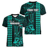 Personalized Hawaii Hauoli Makahiki Hou Women V Neck T Shirt Lono Hawaiian God Kakau Polynesian Tribal Turquoise LT05 - Polynesian Pride
