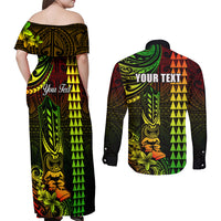 Personalized Hawaii Hauoli Makahiki Hou Couples Matching Off Shoulder Maxi Dress and Long Sleeve Button Shirts Lono Hawaiian God Kakau Polynesian Tribal Reggae LT05 - Polynesian Pride