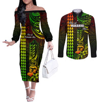 Personalized Hawaii Hauoli Makahiki Hou Couples Matching Off The Shoulder Long Sleeve Dress and Long Sleeve Button Shirts Lono Hawaiian God Kakau Polynesian Tribal Reggae LT05 Reggae - Polynesian Pride