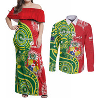 Custom Tonga Australia Rugby Couples Matching Off Shoulder Maxi Dress and Long Sleeve Button Shirt Kangaroos And Tonga Mate Maa Together LT05 Green - Polynesian Pride