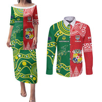 Custom Tonga XIII And Australia Kangaroos Couples Matching Puletasi and Long Sleeve Button Shirt Mate Maa Tongan Ngatu With Aboriginal