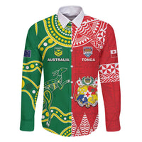 Custom Tonga XIII And Australia Kangaroos Family Matching Long Sleeve Bodycon Dress and Hawaiian Shirt Mate Maa Tongan Ngatu With Aboriginal LT05 Dad's Shirt - Long Sleeve Red - Polynesian Pride