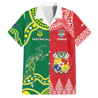 Custom Tonga XIII And Australia Kangaroos Family Matching Short Sleeve Bodycon Dress and Hawaiian Shirt Mate Maa Tongan Ngatu With Aboriginal LT05 Dad's Shirt - Short Sleeve Red - Polynesian Pride